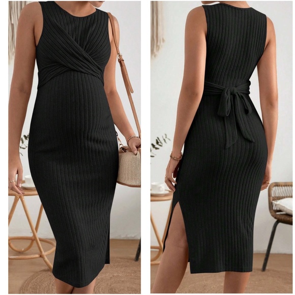Maternity Twisted Knit Sleeveless Side Slit Midi Dress - Picture 4 of 6